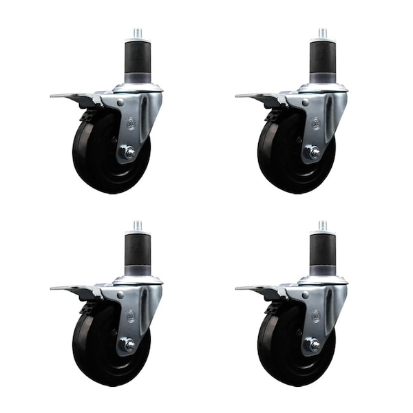 4'' Soft Rubber Swivel 1-5/8'' Expanding Stem Caster Set Total Lock Brake, 4PK